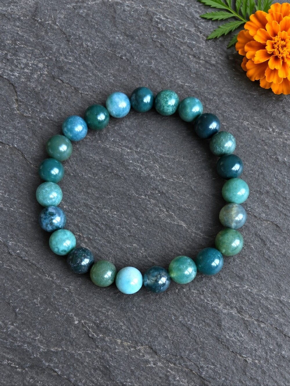 Moss Agate Beaded Stretch Bracelet | Handmade | Green